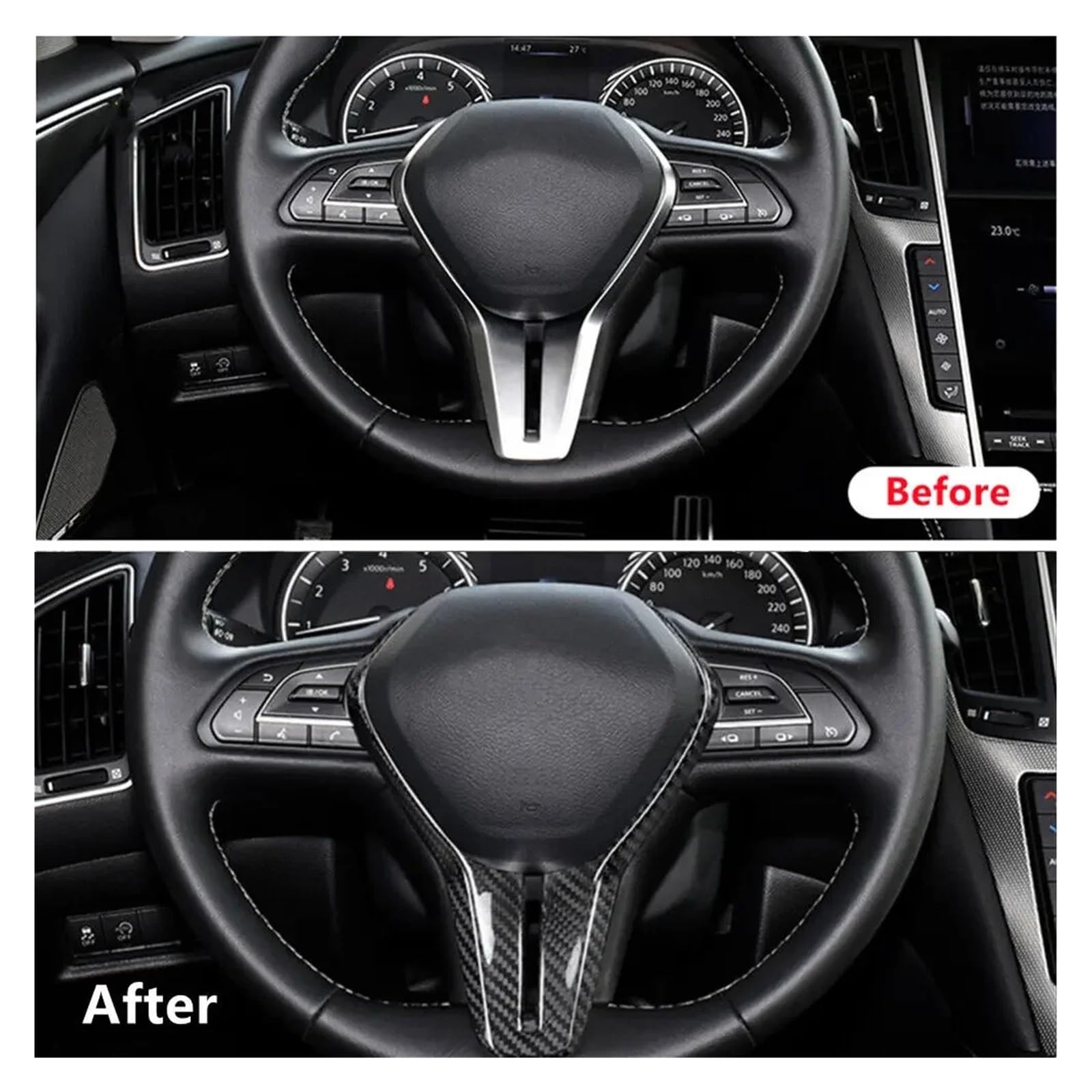 Dla Infiniti, dla Q50 Q50L Q60 2018-2022, prawdziwe włókno węglowe wnętrze samochodu tapicerka ramy kierownicy pokrywa środkowa naklejka panelowa Decor Naklejka na kierownicę samochodu(Carb