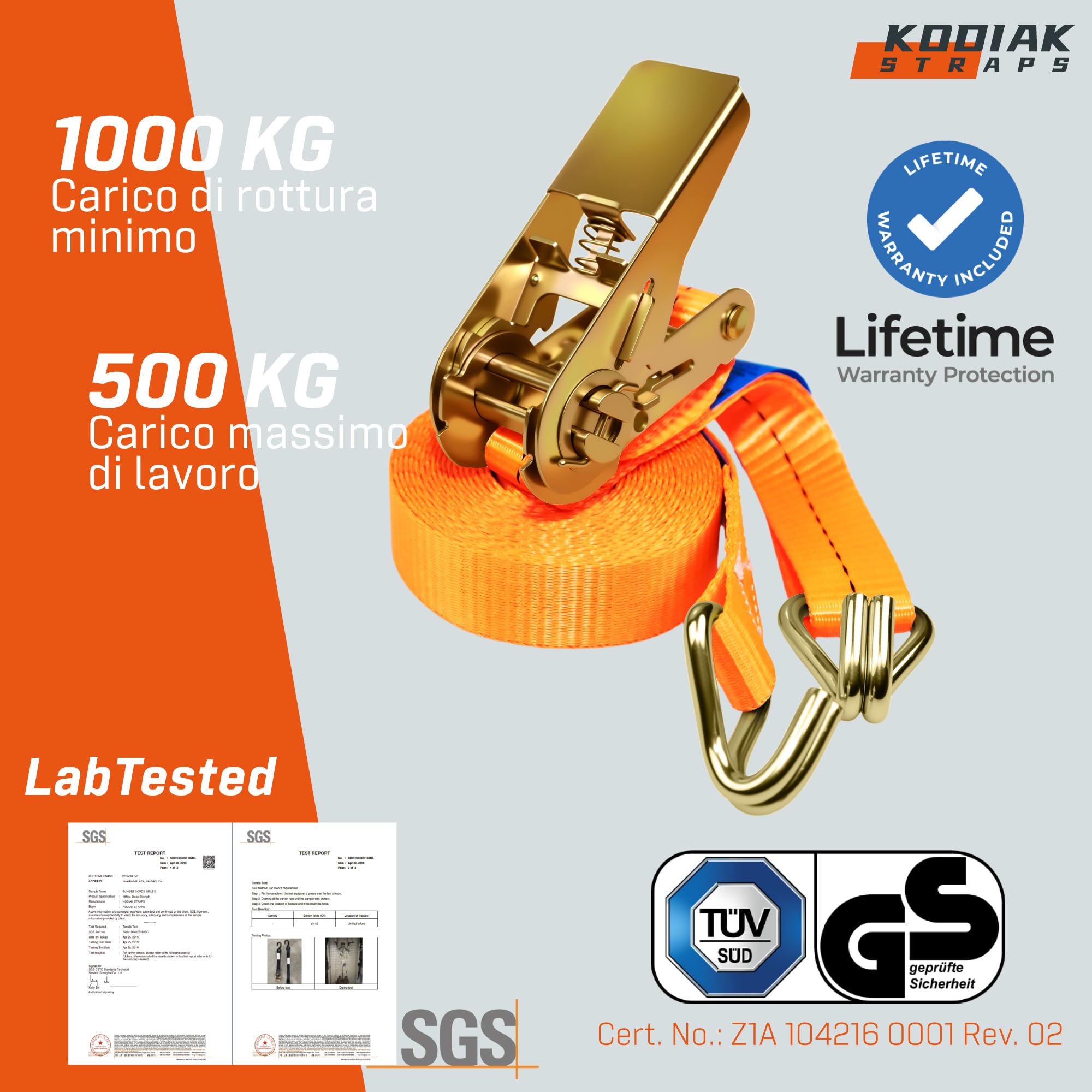 10 Cinghie di Tensione 4m x 1000kg con Cricchetto e Gancio - Cinghie a Cricchetto da 25mm - Cinghia Arancione per la Sicurezza del Carico - Certificato TÜV/GS e secondo DIN EN 12195-2 - KODIAK STRAPS