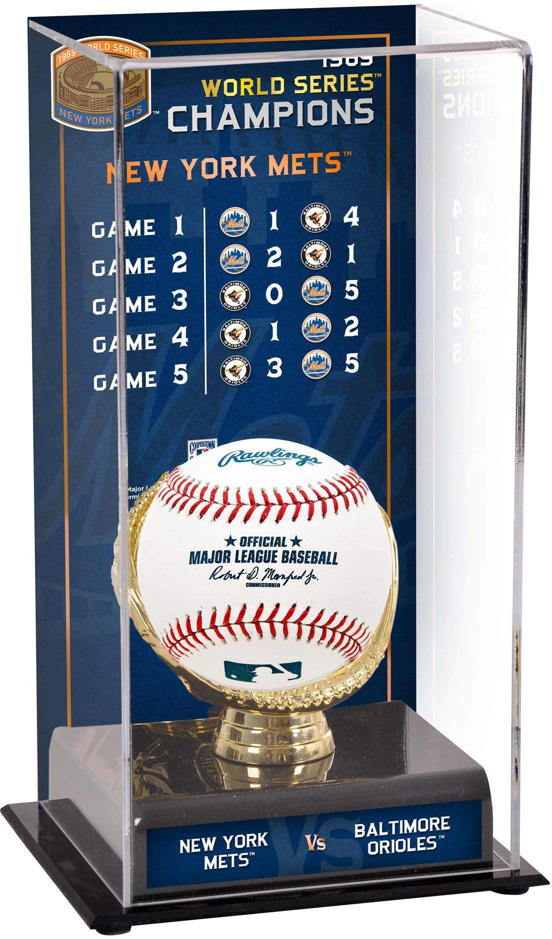New York Mets 1969 World Series Champions Sublimated Display Case with Series Listing Image - Baseball Free Standing Display Cases