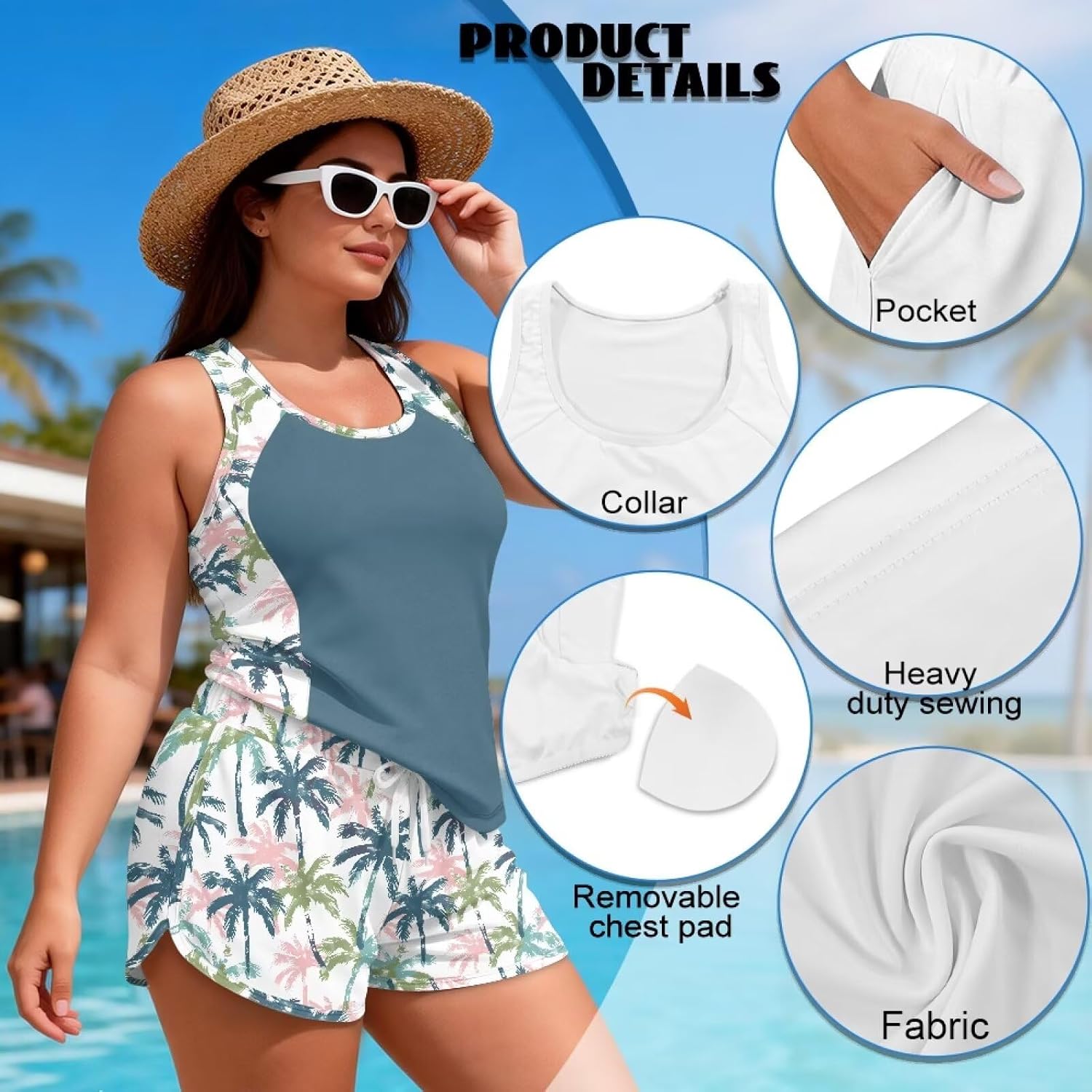 Womens Tankini Swimsuit with Sporty Pockets Shorts Two Piece Bathing Suit for Beach Pool Vacation Size S-6XL