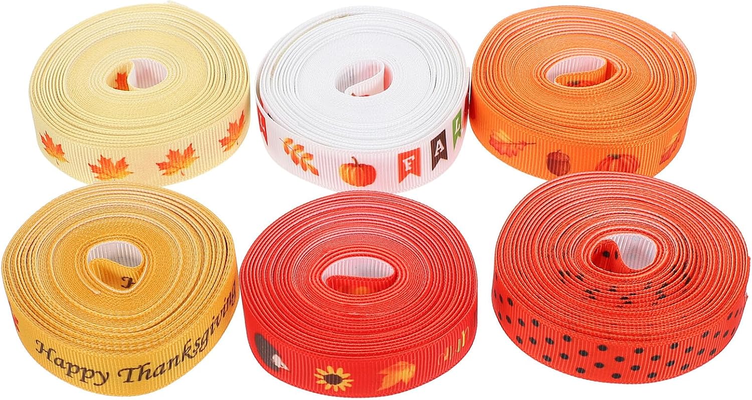 6 Rolls Fall Printing Ribbon Set 5 Yards Each Thanksgiving Wrapping Supplies with Autumn Pumpkin Maple Leaf Design for Party and Home Decor