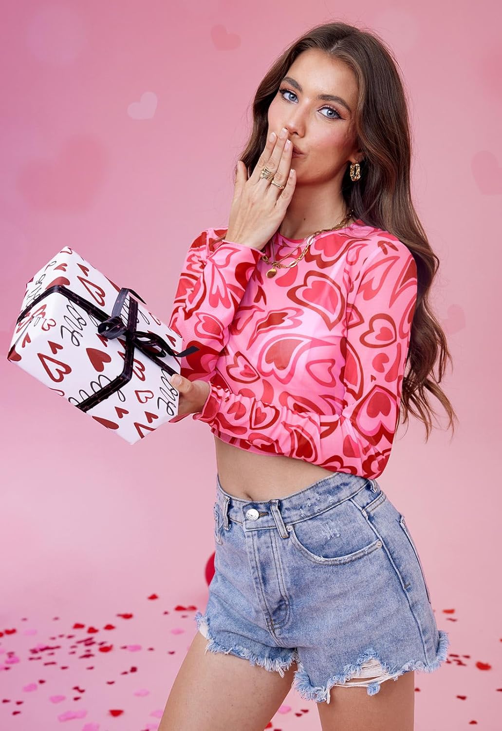For G and PL Women's Valentine's Long Sleeve Crew Neck See Though Blouse Sheer Mesh Heart Print Crop Tops - Image 4