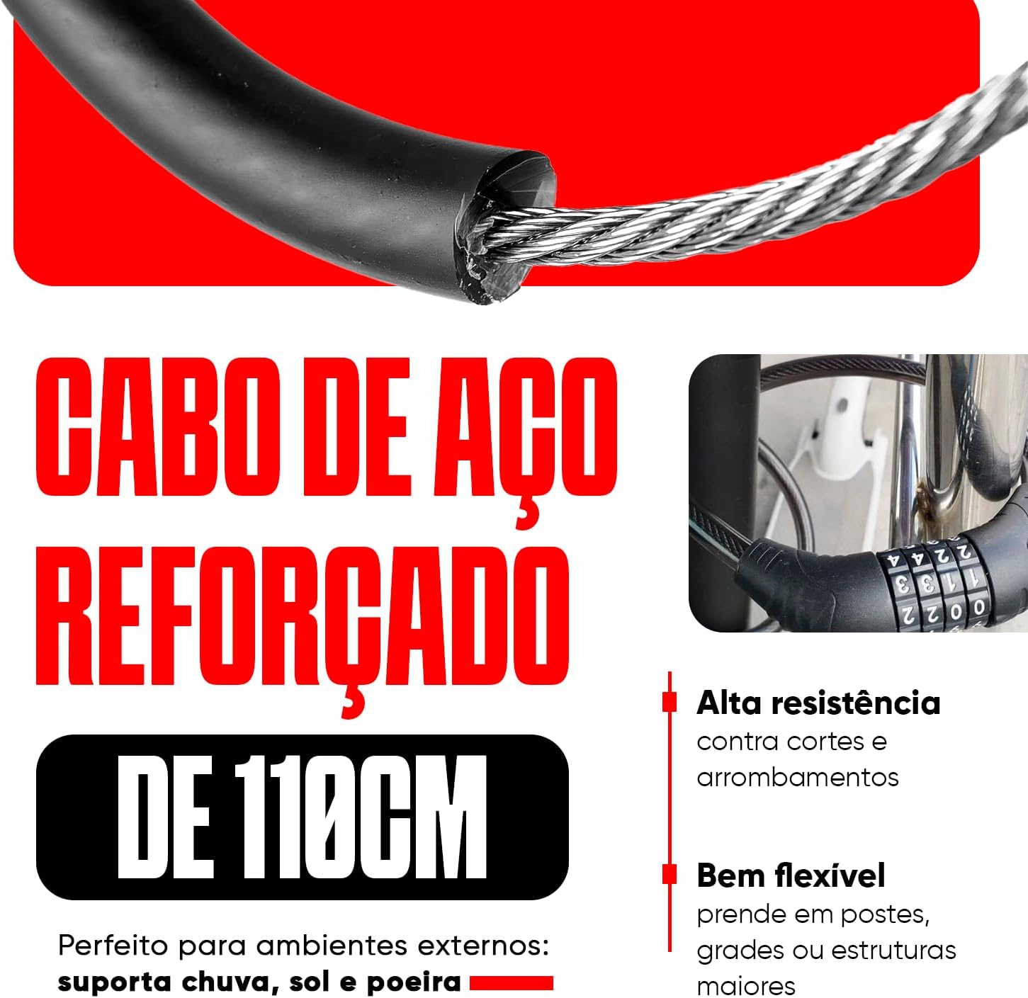 Cadeado para Bicicletas Bike com Senha Numérica 4 Dígitos Trava de Segurança Para Bike Motos Com Cabo de Aço Reforçado 100cm Premium
