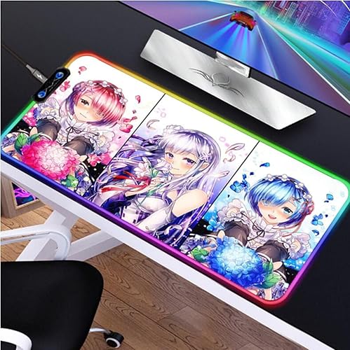Mouse Pads Anime Re Zero Rem Emilia RGB Gaming Mausepad Mouse Pad Gamer Desk Mat Teclado Computadora LED Mause Pad 300X600X4MM