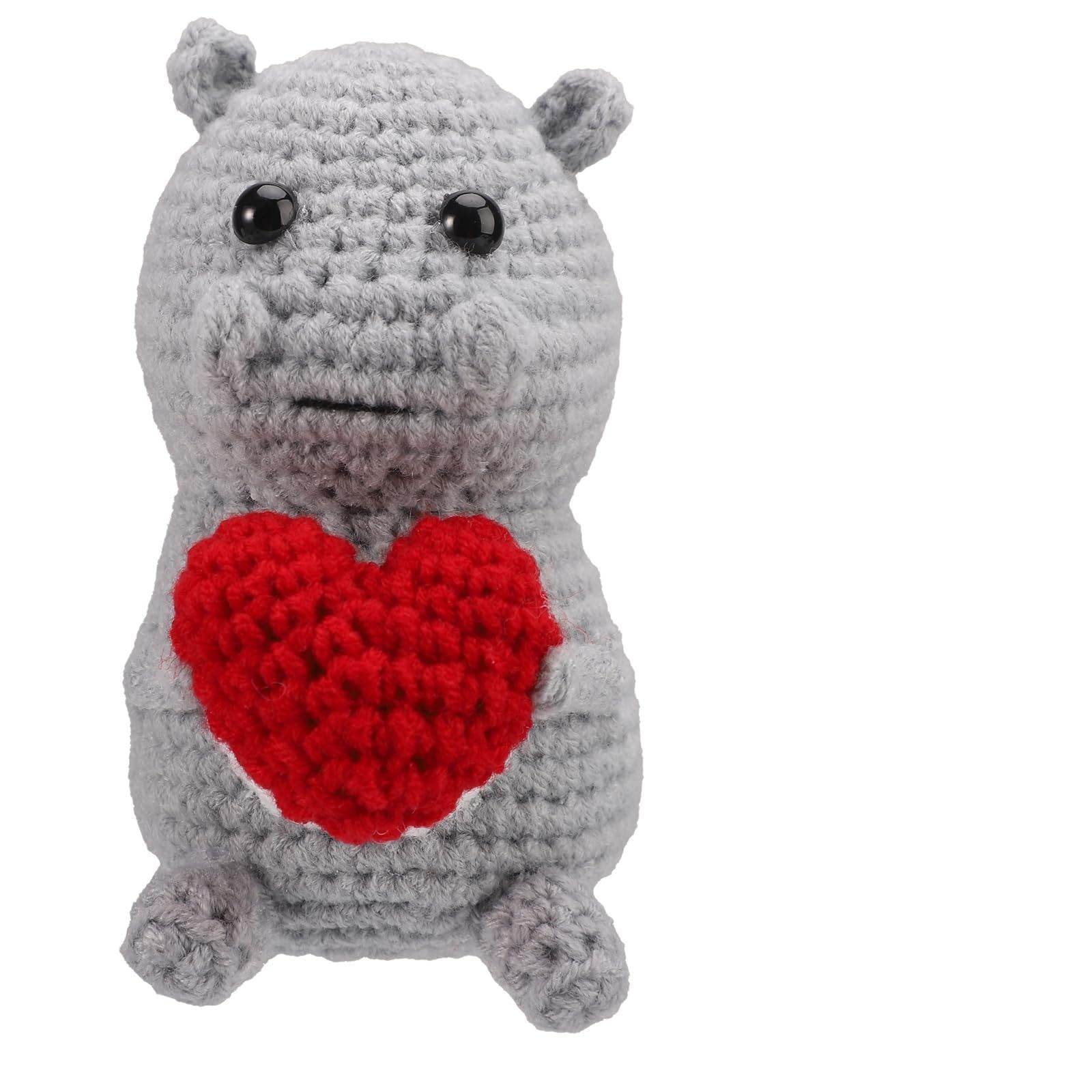 TOYMIS Positive Hippo Crochet with Heart, Emotional Animals Toy Positive Support Hippo Plush Crochet for Friends Inspirational Gift Home Office Car Decor