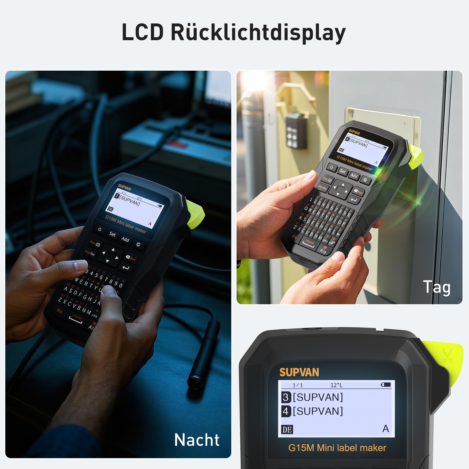 SUPVAN G15M Mini Etikettendrucker mit 4 Rollen,ideal für den Außenbereich | Thermotransferdruck,Kompatibel mit verschiedenen Etikettentypen, Bluetooth Verbindung, App und Tastatur, 5 mm Rand, aufladbar