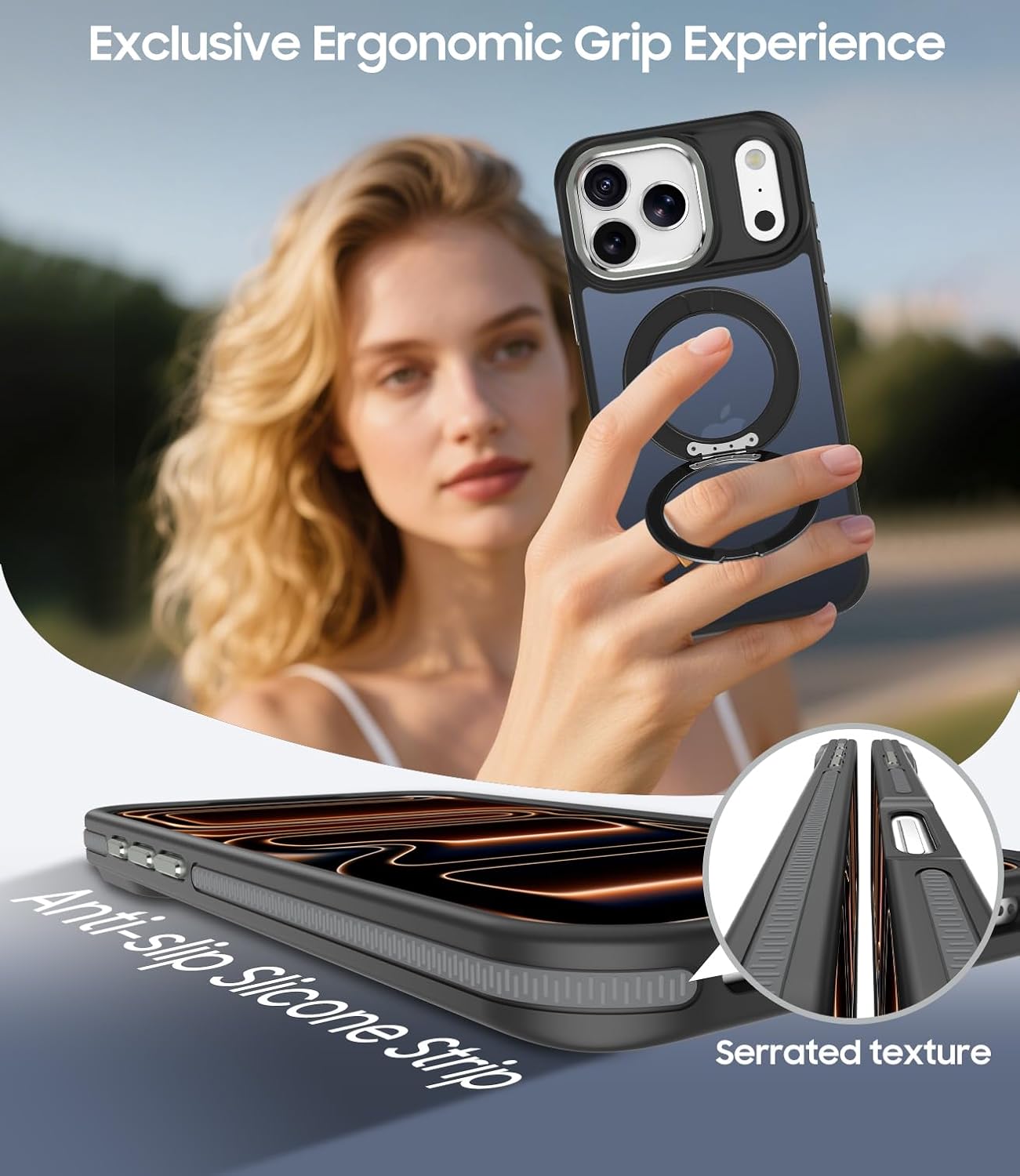 for iPhone 17 Pro Case with 360 Magnetic Ring Stand, Fit MagSafe, Military-Grade Shockproof Protection, Non-Slip Slim Translucent Protective Phone Cover, Black - Image 5