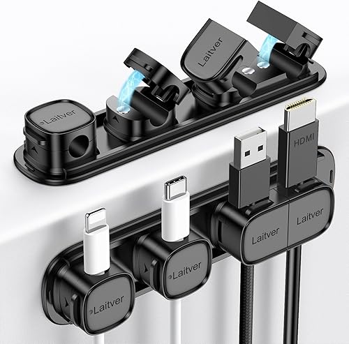 Miniatura 24 de Paquete de 6 clips magnéticos para cables [apertura/bloqueo en 1s], organizador y soporte de cables Laitver con adhesivo fuerte para gestión de