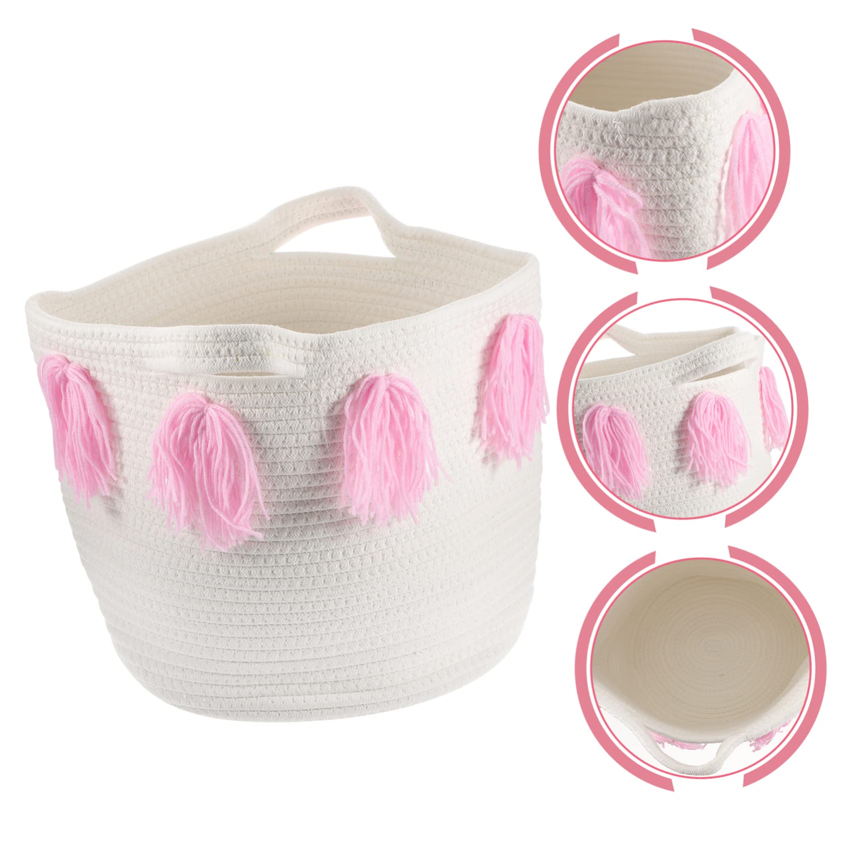 IMIKEYA Cesta Organizadora de Escritorio de Cuerda de Algodón Rosa | Estilo Nórdico Simple, Flecos de Tassel, para Almacenamiento Doméstico y Decoración del Hogar