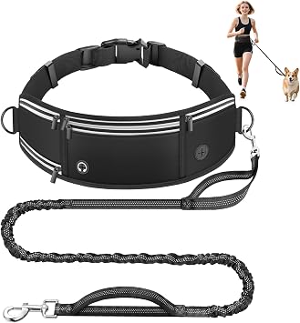 Hands Free Dog Leash with Waist Belt & Zipper Pouch, Heavy Duty Waist Leash for Running, Walking, Jogging and Hiking, Professional Tangle Free Reflective Control Lead for Large Medium Dogs