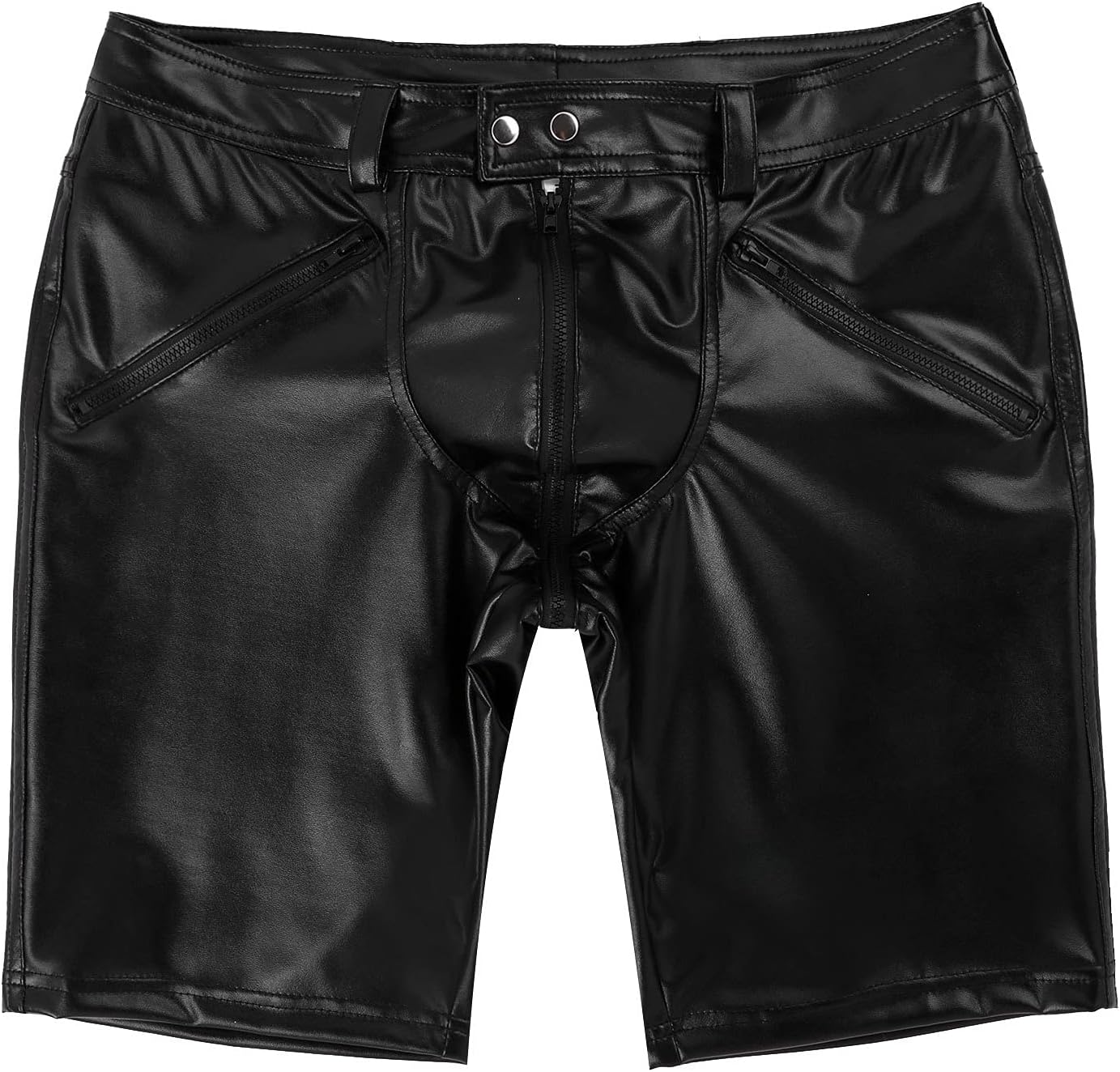 Mens Sexy Leather Club Moto Shorts Full Zipper Front Button Snap Closure Fashion Shorts Party Clubwear,Black,L