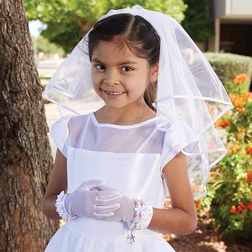 Miniatura 2 de First Communion Veil blanco con cruz de diamantes de imitación, 54 pulgadas, Blanco