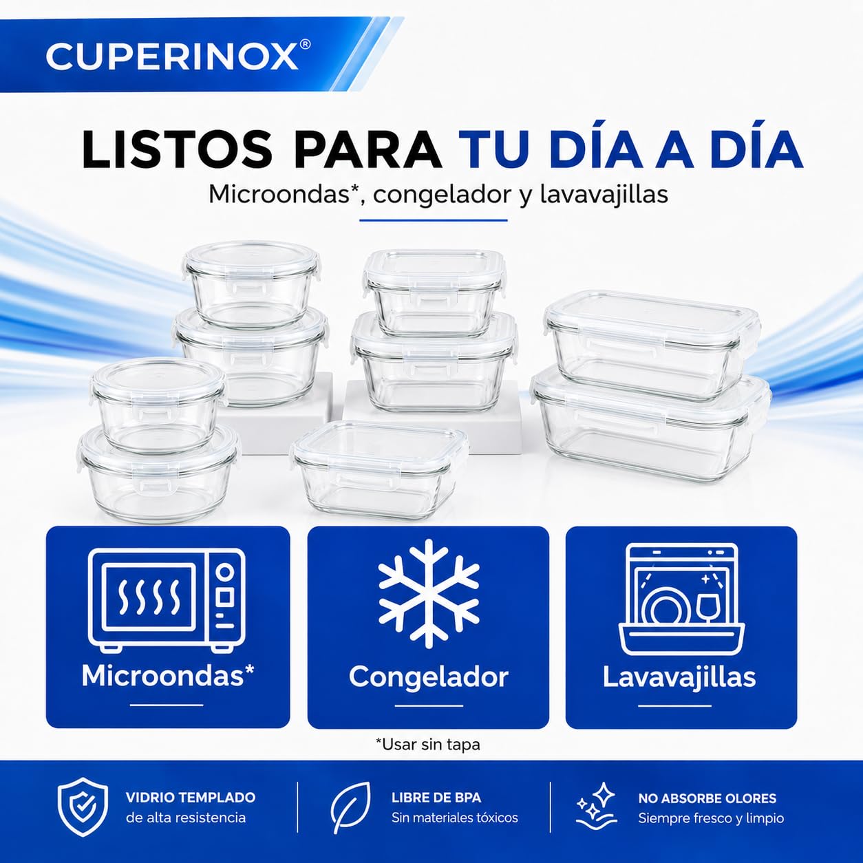 24 Tuppers de Vidrio Herméticos, 3 Formas, sin BPA, Meal Prep | 8 Recipientes para Alimentos Rectangulares + 8 Cuadrados + 8 Redondos, Apto para Microondas*, Lavavajillas y Congelador
