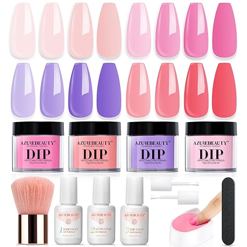 Azurebeauty - Kit de iniciación de uñas de polvo de inmersión de coral rosa morado, juego de polvo de inmersión portátil de 4 colores, base y capa