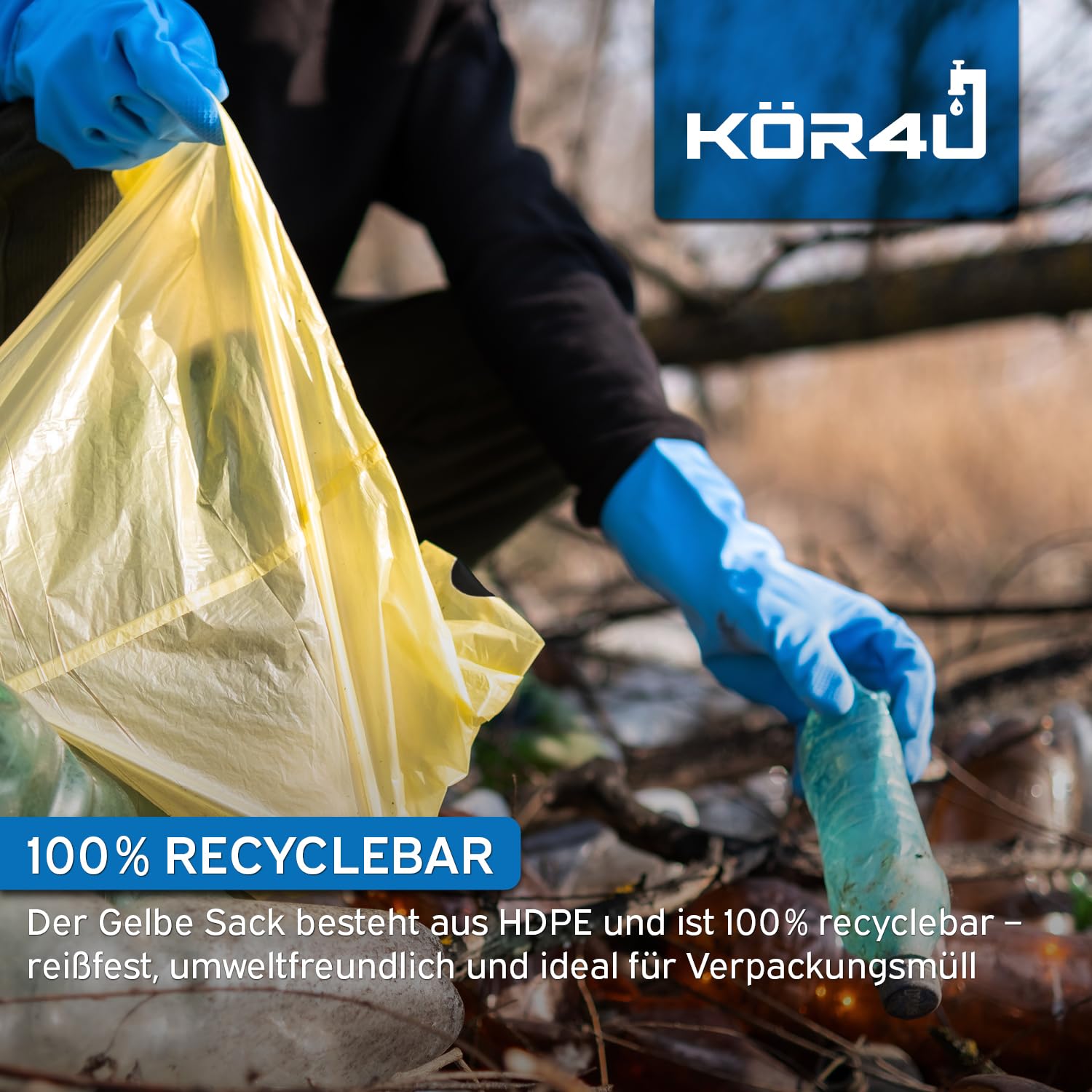 kör4u Bolsas amarillas con cordón, 650 unidades, 90 litros, 15 micras de grosor, resistentes a desgarros, para residuos de embalaje