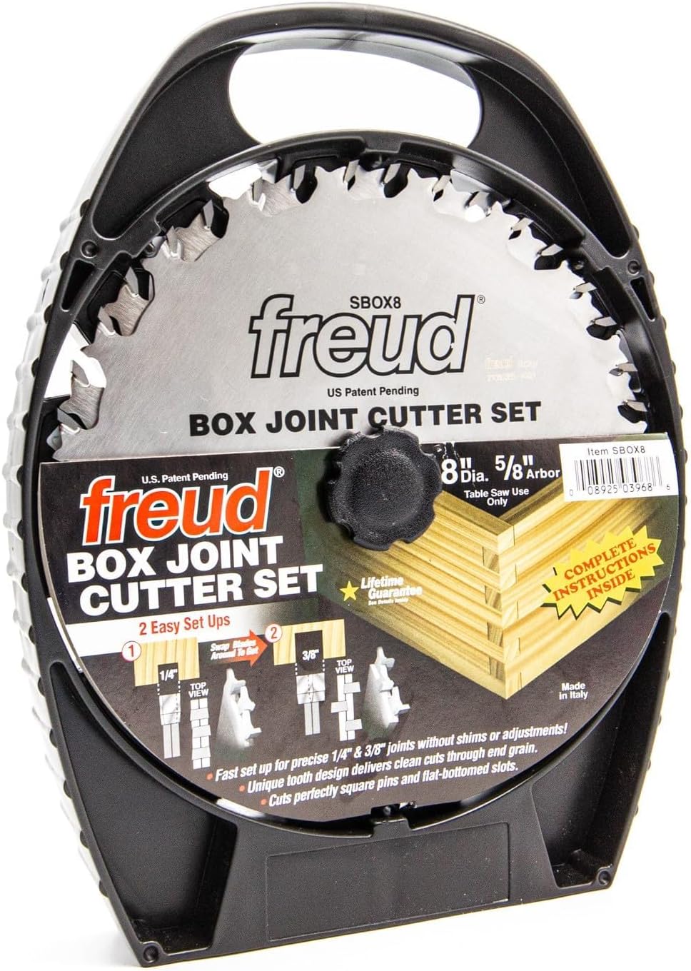 Freud 8" Box Joint Cutter Set with Tico Hi-Density Carbide for Perfect Square Joints - Includes 2 Blades, 1/4" & 3/8" Groove Widths, 5/8" Arbor, Anti-Kickback Design - SBOX8