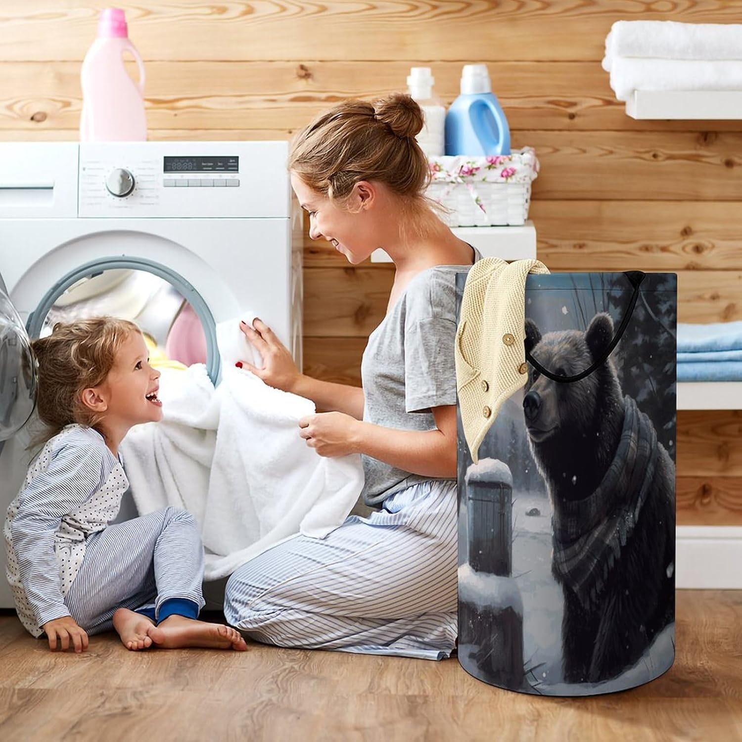 Winter Bear Laundry Hamper Freestanding Waterproof Clothes Hamper with Easy Carry Handles Large Collapsible Laundry Baskets Portable Dirty Clothes Basket