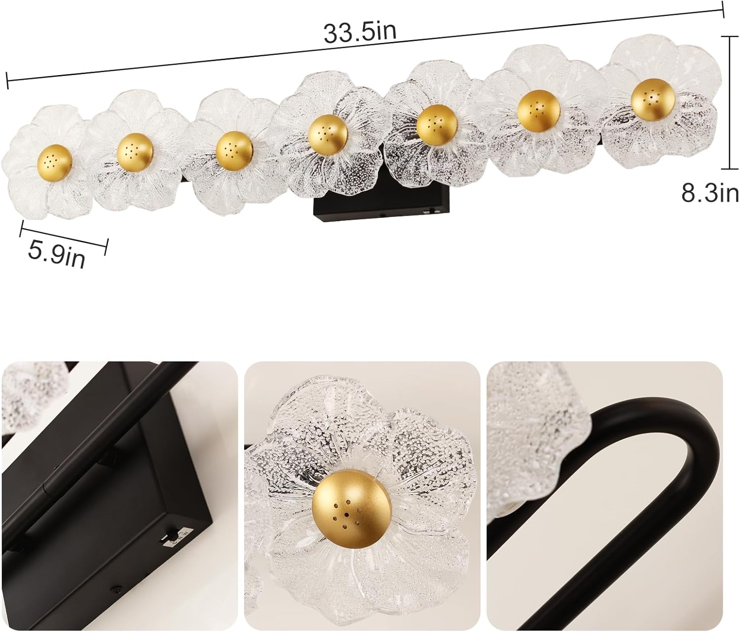 MantoLite Bathroom Light Fixtures Modern Vanity Light Over Mirror Adjustable 3000K-6000K Picture Lights Art Light with Floral Clear Glass Shades for Living Room Bedroom Wall Sconces (7 Light Black)