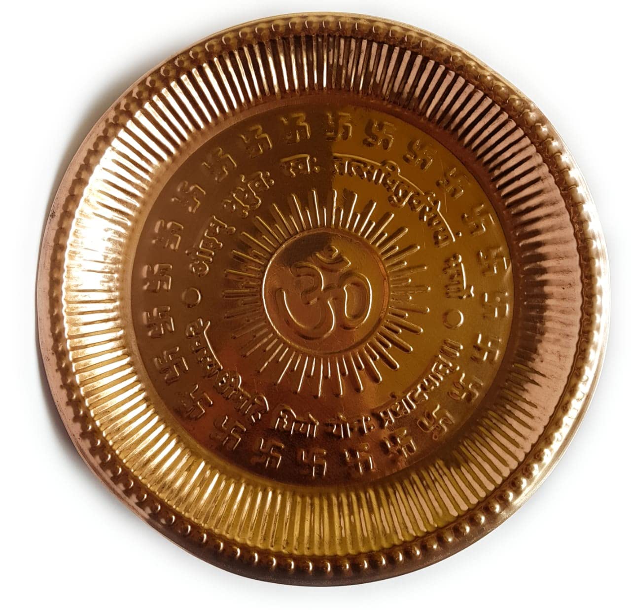 9.5 inches Aarti Thali Plate Om Arti Puja Poojan Copper Metal Hindu Diwali Pooja Saman for Health Wealth Prosperity & Happiness