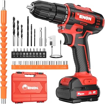 ENON Cordless Drill Set,12V Power Drill Set with Battery and Charger, Electric Driver/Drill Bits, 3/8 Keyless Chuck,25+1 Torque Setting, 270 inch-lbs, with LED Electric Drill Set