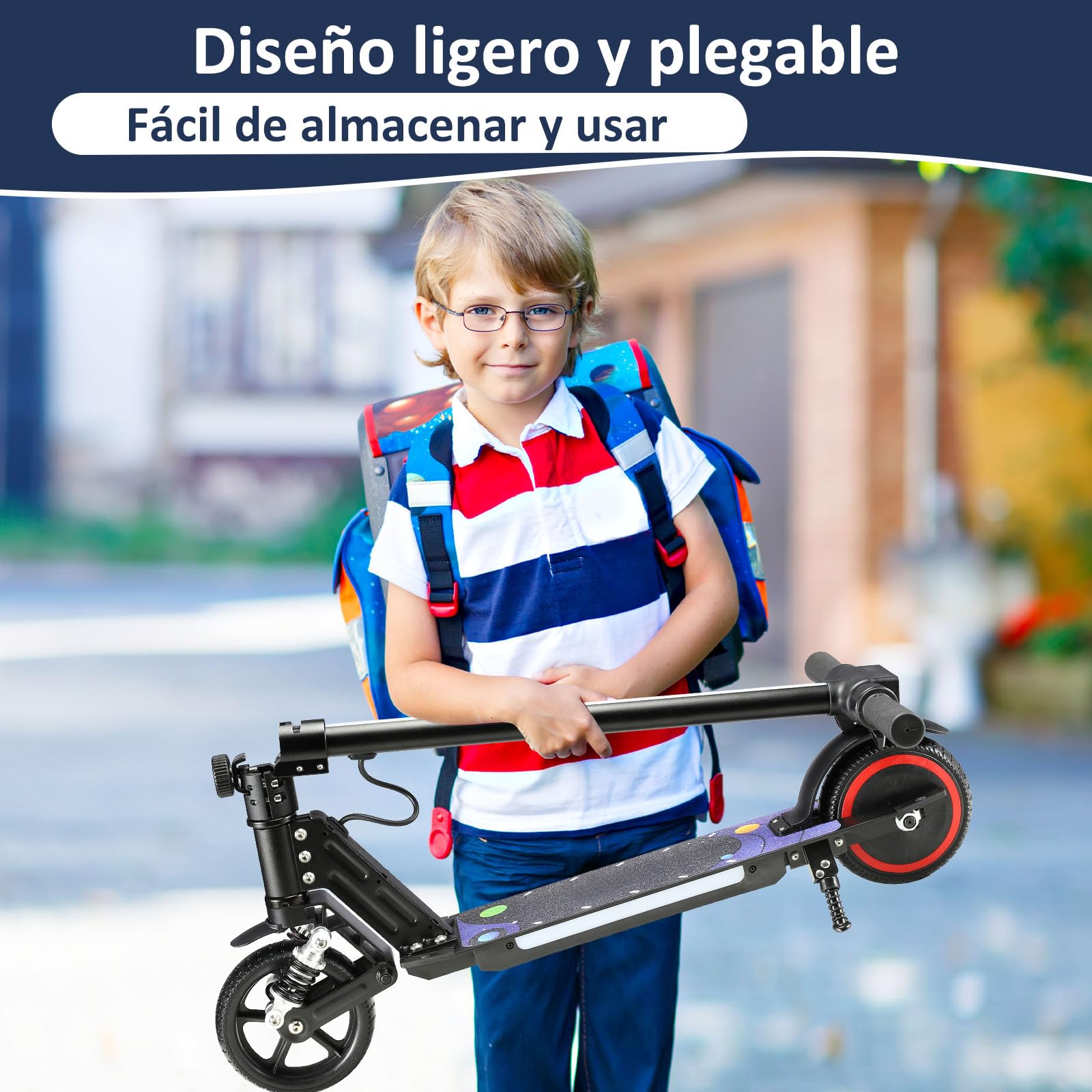 Patinete Eléctrico Niños 6-12 Años Plegable Altura Ajustable 14km/h 8KM Luces LED Color Frenos Seguros Pantalla Regalo Cumpleaños