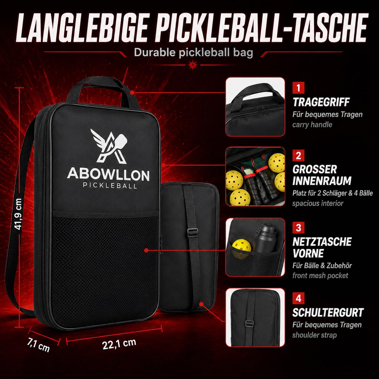Blaze Pickleball Set - 2 raquettes de pickleball + 4 balles USAPA + sac - Pagaie en fibre de verre - Kit complet pour débutants et confirmés (rouge/noir)
