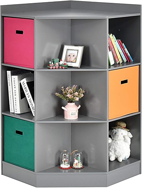 COSTWAY 9-Cubby Kids Storage Cabinet, Children Corner Toy Organizer Bookcase with Large Baskets and Anti-tipping Hardware, Wooden Storage Sideboard for Play Room Child Bedroom Living Room
