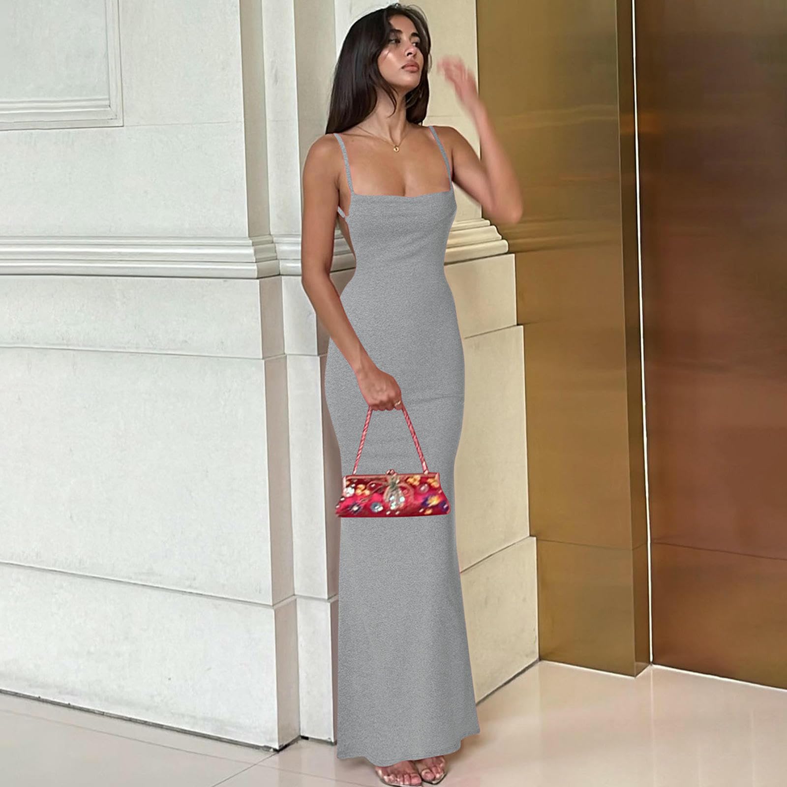 Vestito Donna Abito Estivo da Sexy Senza Maniche, vestibilità Slim, con Spalline sulla Schiena, in Tinta Unita-Marrone-s