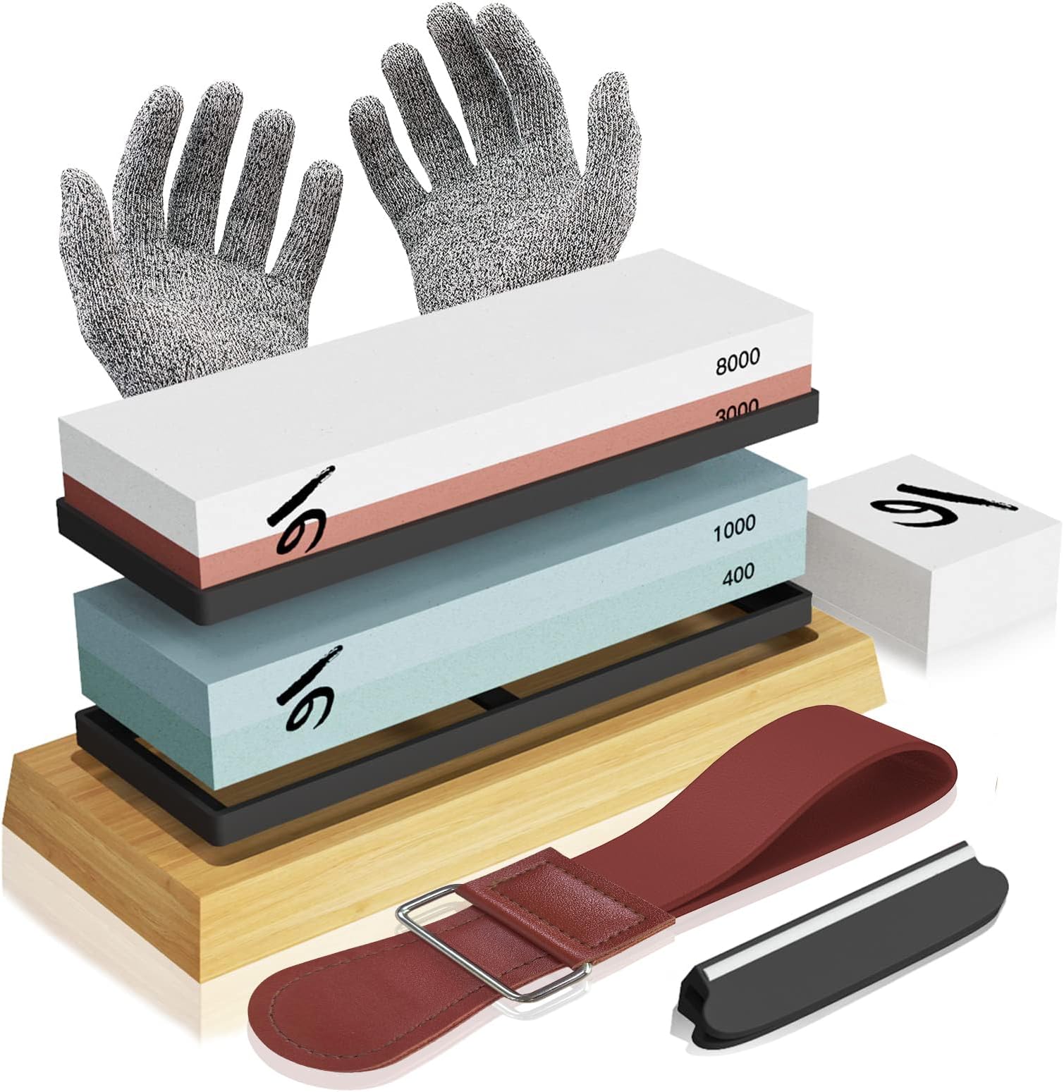Knife Sharpening Stone Kit, KERYE Professional Japanese Whetstone Sharpener Stone Set, Premium 4 Side Grit 400/1000 3000/8000 Water Stone, Flattening Stones, Angle Guide, Leather Strop, Anti Cut Glove