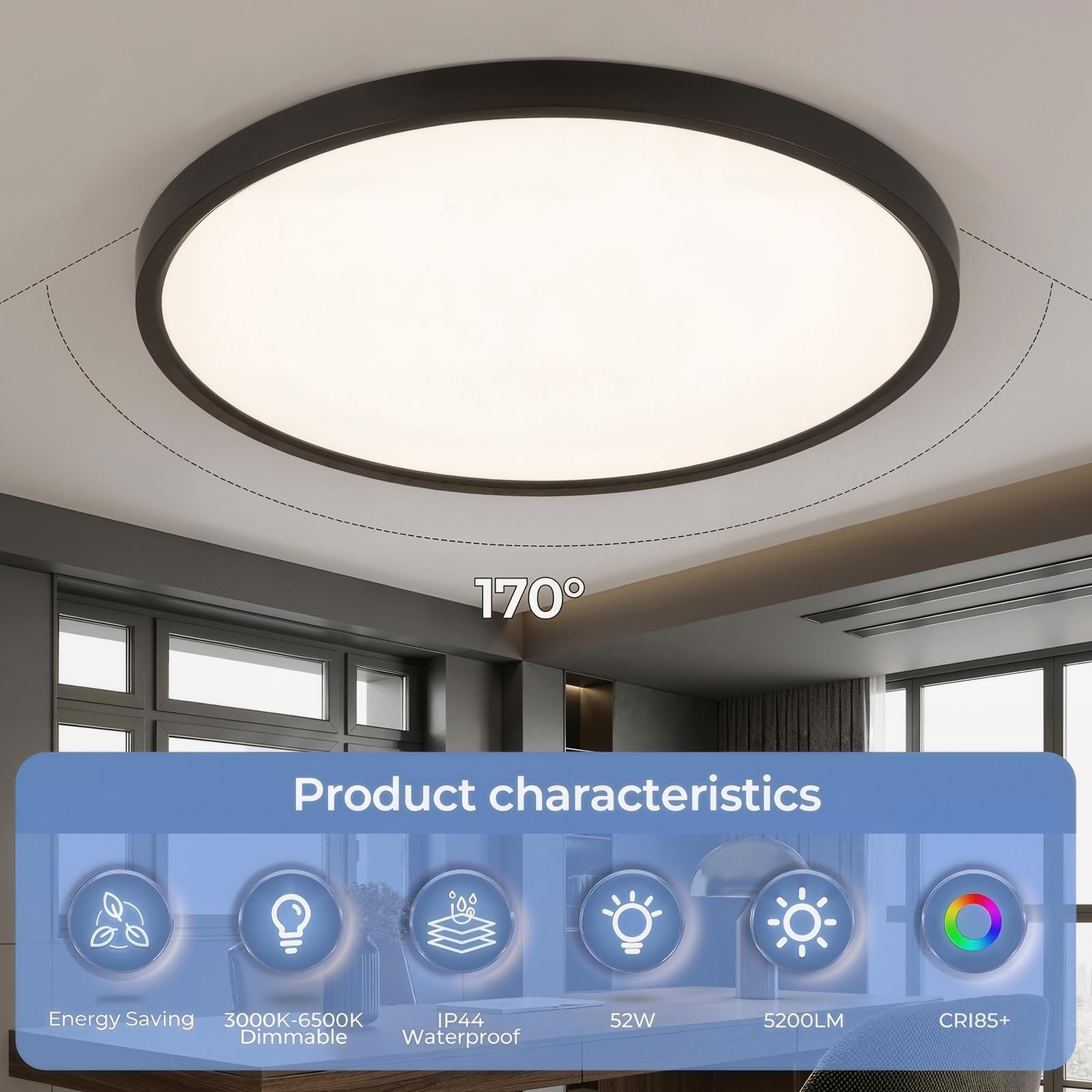 EASY EAGLE LED lampa sufitowa 50CM ściemnialna, okrągła lampa sufitowa 52W, czarna, nowoczesna lampa do łazienki, panel LED, lampa kuchenna do korytarza, sypialni, balkonu, salonu, kuchni, piwnicy