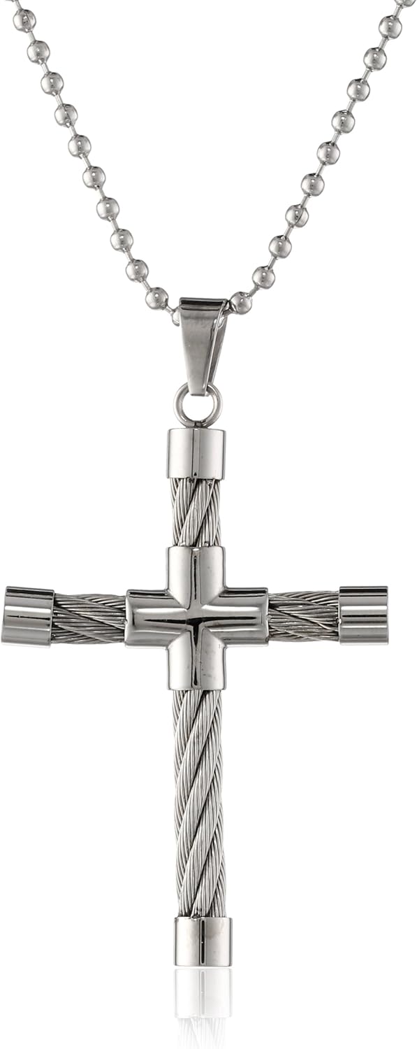 Men's Stainless Steel Cable Cross Pendant Necklace, 22" Clothing, Shoes & Jewelry