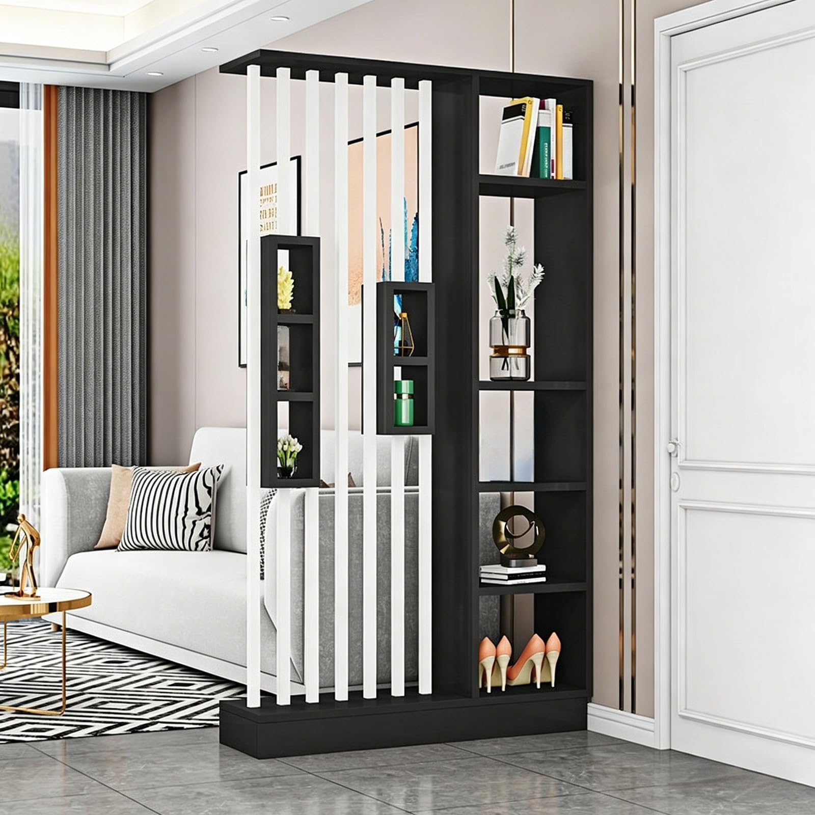 Wall Room Divider, Freestanding Entryway Partition with Open Storage Shelves, Modern Slatted Privacy Screen for Living Room and Hallway(White+Black,100cm/39.4in)