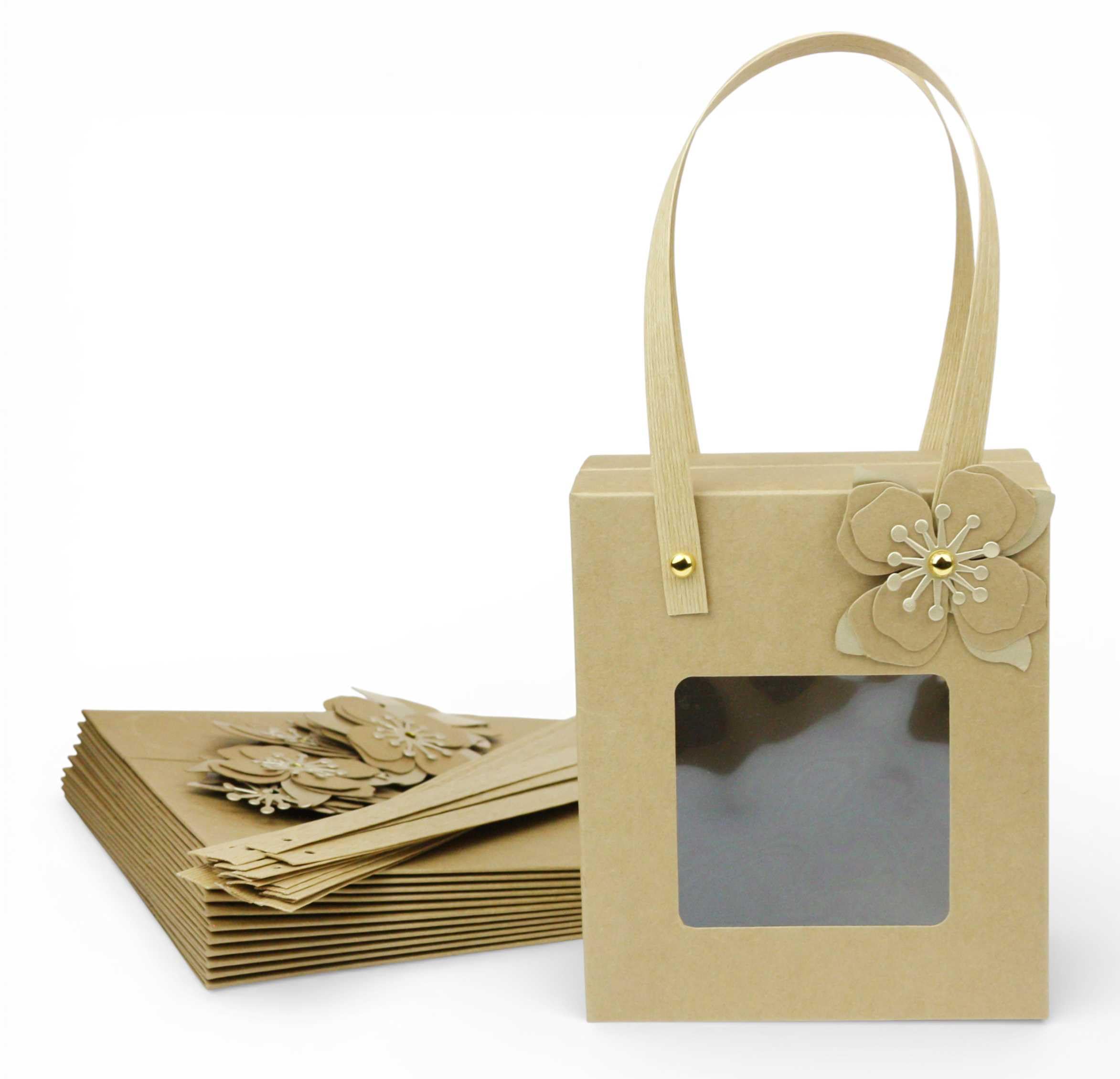 Emartbuy Brown Kraft Gift Boxes with Transparent Window & Handle – Size 1 : 14.5 x 16.5 x 8.5 cm – Reusable Eco Paper Gift Bags for Festivals, Hampers & Weddings – Pack of 96