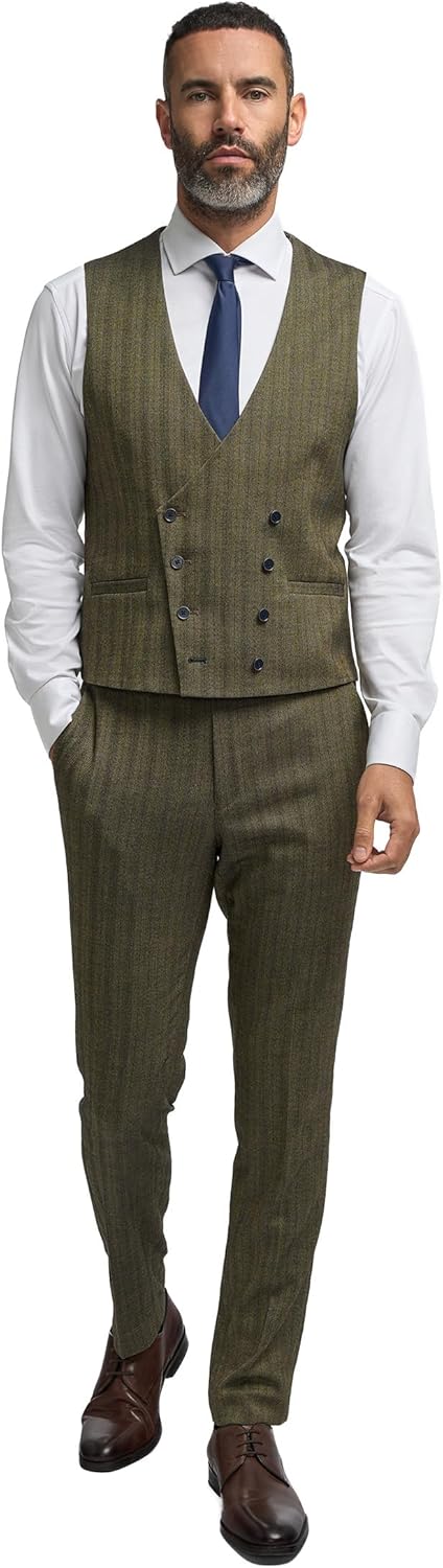 Men's 3-Piece Sage Green Herringbone Suit | Single or Double-Breasted Vest | Wedding & Formal Business Suit