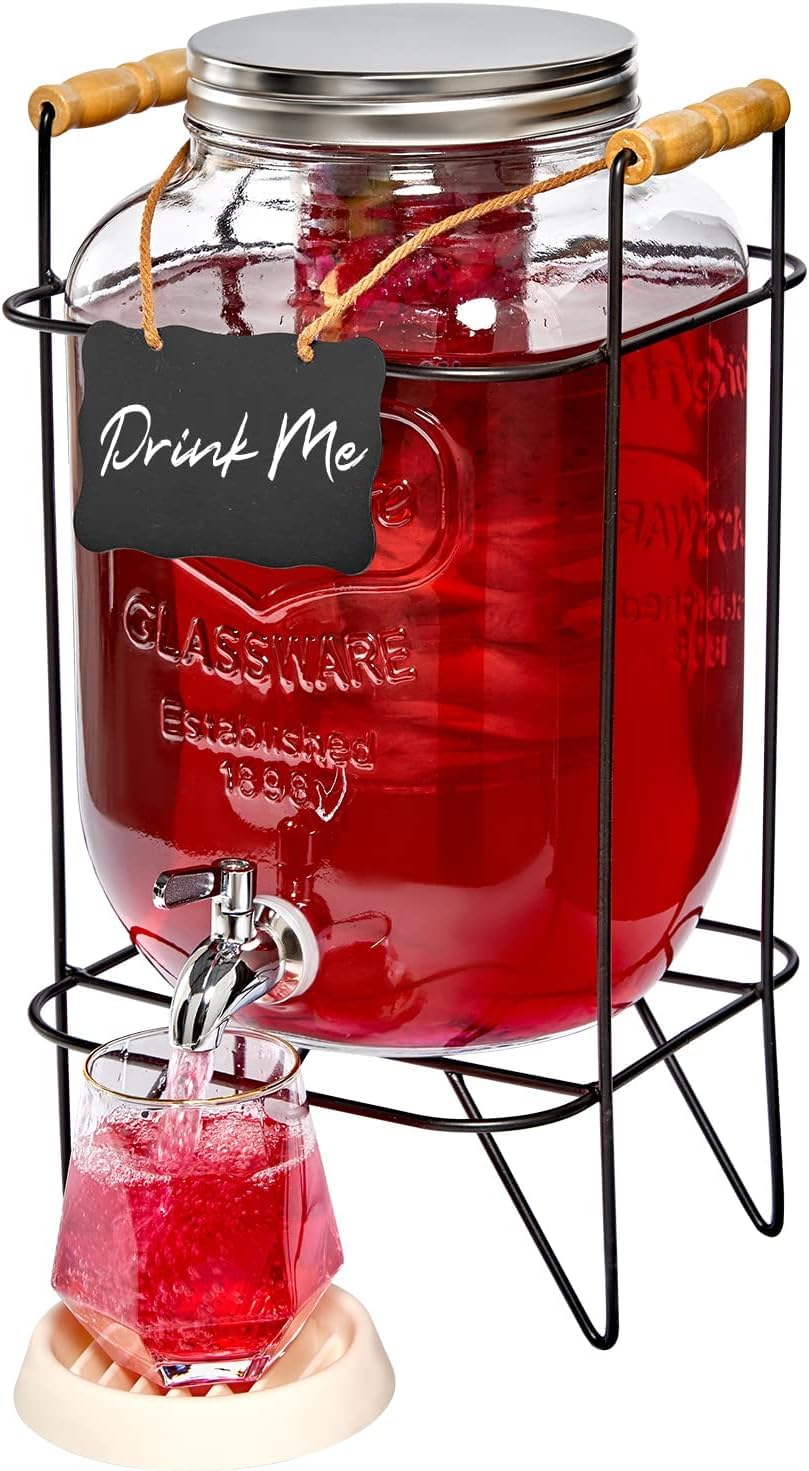 JSMK 2 Gallon Glass Beverage Dispenser with Stand, Fruit Infuser,304 Stainless Steel Spigot and Lid, Parties Drink Dispensers Jar Suitable to Make Sun Tea, Cold Lemonade, Kombucha