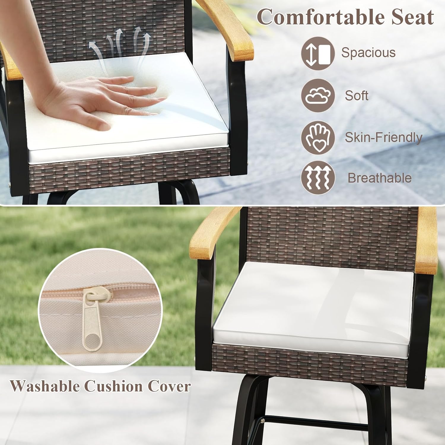 COSTWAY Outdoor Bar Stools Set of 2, 29'' Swivel Rattan Wicker High Top Chairs with Acacia Wood Armrest, Cushions and Backrest, Patio Bar Height Chairs for Poolside, Backyard, Deck (2)