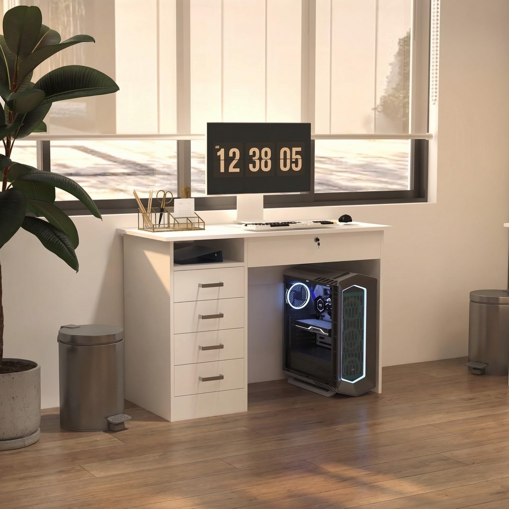 HOMCOM Bureau Informatique avec 5 Tiroirs 110x50cm Blanc