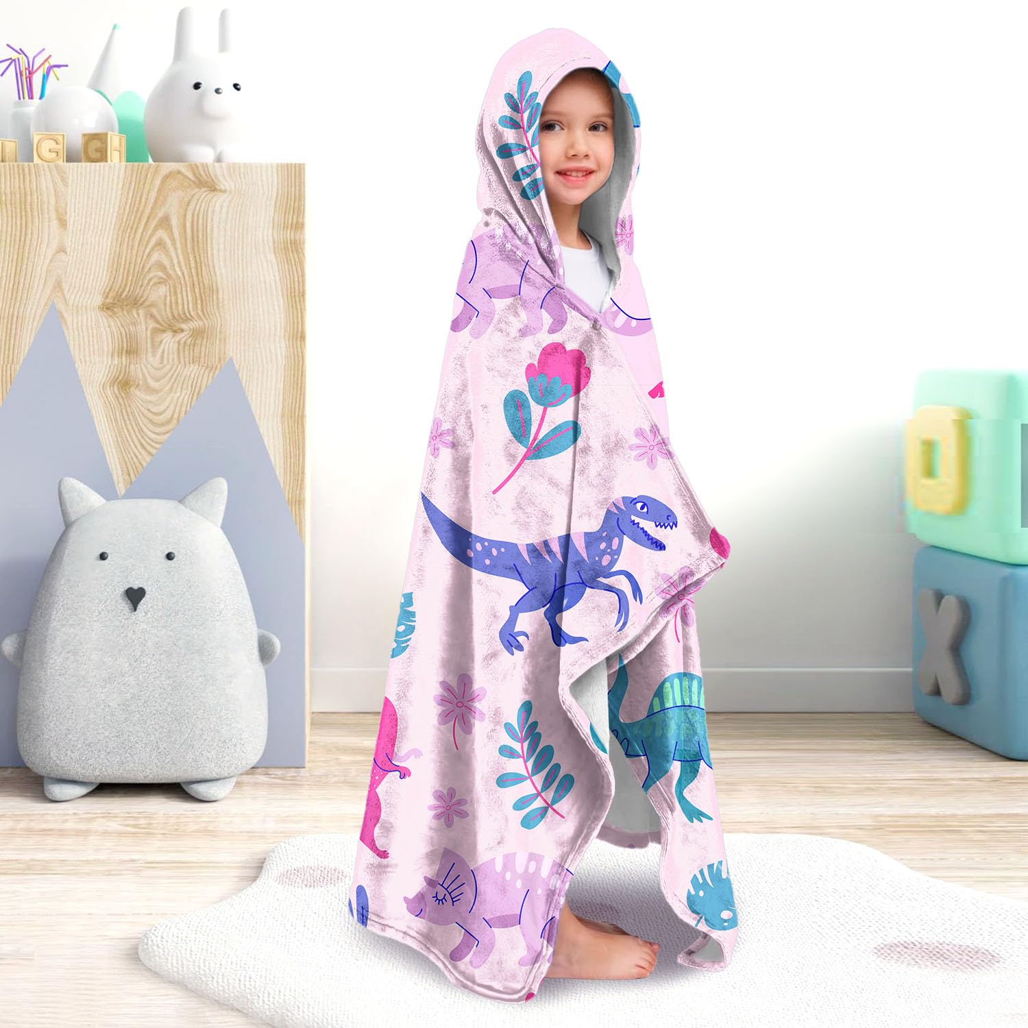 Girls Dinosaur Hooded Beach Towel - 35x60 Inch Quick Dry Kids Bath Towel Wrap With Snap Buttons - View #2