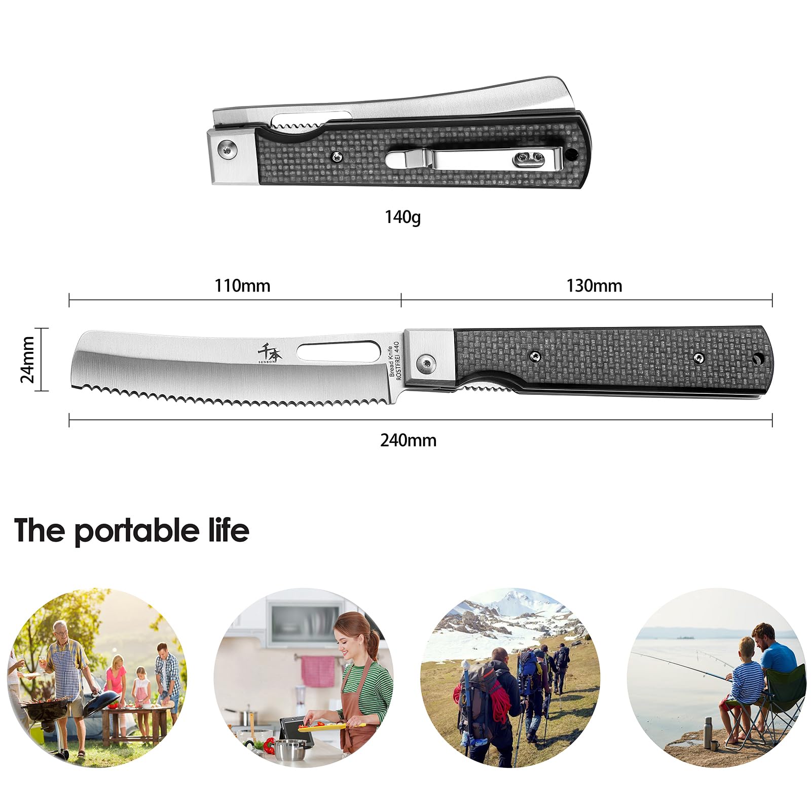 SENBON Couteau à Pain de Camping en Acier Inoxydable - Pliant, Portable, Tranchant Pour Pâtisserie et Voyage - Fibre de Carbone