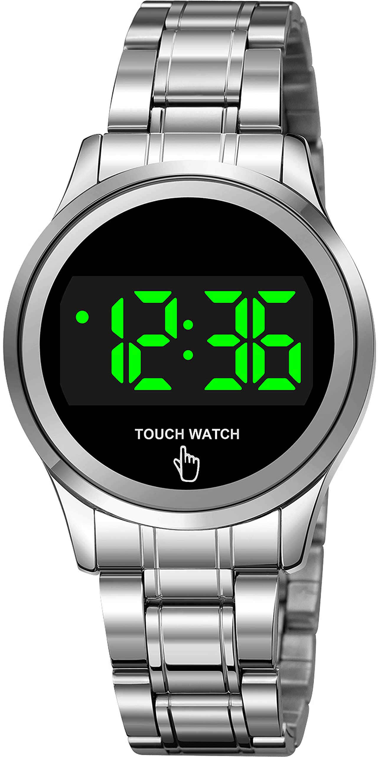 findtime Reloj de pulsera digital para mujer de acero inoxidable, con pantalla táctil, LED, calendario, redondo, electrónico, para mujer, resistente al agua hasta 30 m, color dorado, plata, Pulsera