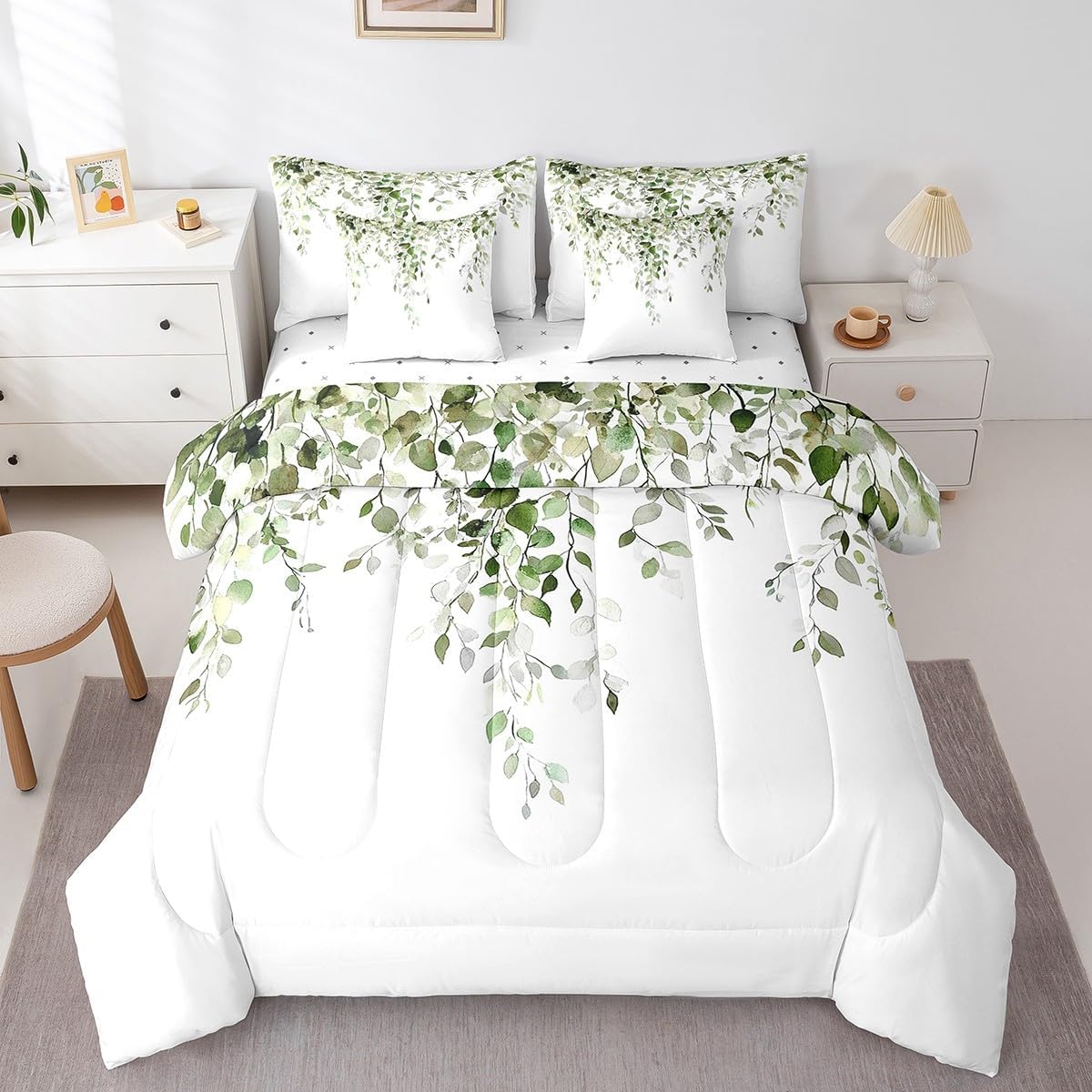 Erosebridal Olive Green Eucalyptus 7 Piece Bedding Sets Queen, Watercolor Plant Leaves Comforter Set Botanical Rustic Farmhouse Sheet Set for Kids Adult Women, Minimalist Bed in A Bag Bedroom Decor