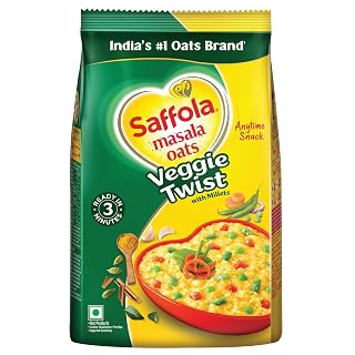Saffola Masala Oats Veggie Twist | 1kg | Tasty, Anytime Snack | Ready in 3 mins | Millets Goodness- with Bajra & Jowar | No maida , No added preservatives | helps manage weight