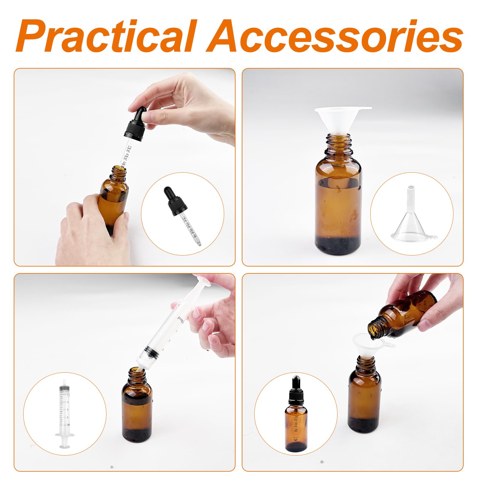 Brevanza 6 pezzi contagocce vetro scuro 30ml con imbuti, boccette per oli essenziali, flaconi vetro con Pipette, dropper bottle con etichette, per oli essenziali, cosmetici, profumi e altri liquidi