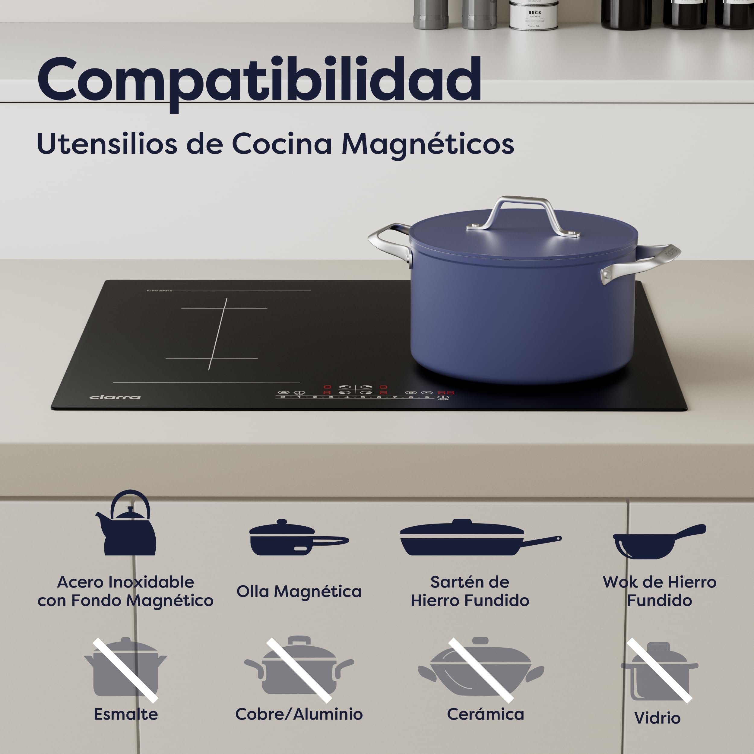 CIARRA CBBIH4BF Placa de Inducción 4 Fuegos 60cm 7200W | Función Flex, Boost, Función Pausa, Control Táctil Slider, Apagado Automático, Indicador de Calor Residual