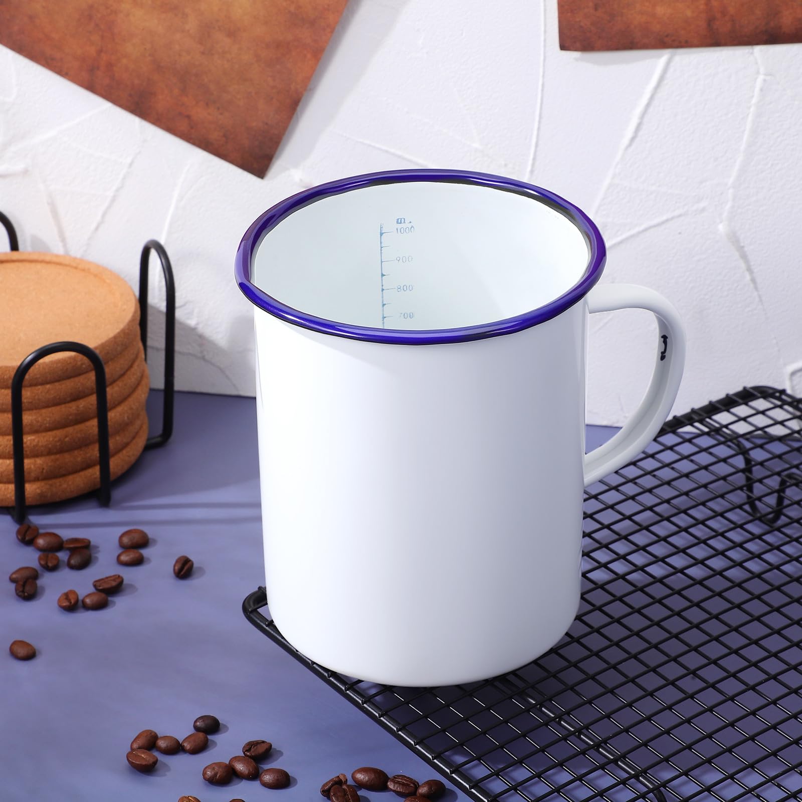 SHINEOFI Emaille Messbecher 1000 ml Dickwandiger Wasserbecher aus Emaille Vintage Kaffeetasse für Zuhause Café und Camping Dekorativer Handbecher