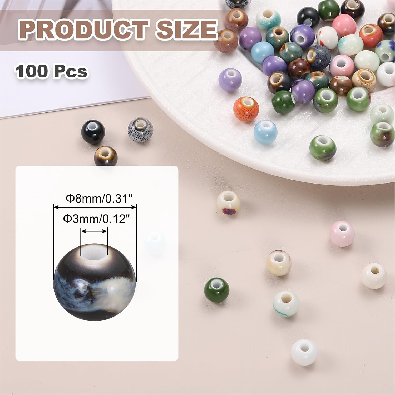 PATIKIL 100 Pcs Porcelain Beads, 8 mm Round Ceramic Handmade Spacer Loose Beads for Bracelet Necklace Earring Jewelry Making DIY Crafts, Black White Blue