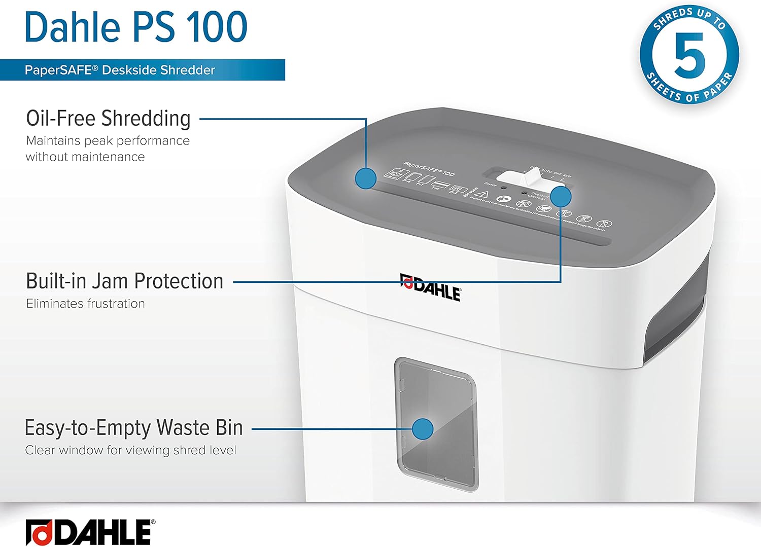 Dahle PaperSAFE PS 100 Paper Shredder, Oil Free, Jam Protection, Security Level P-4, 5 Sheet Max, Shreds Staples, Paper Clips & Credit Cards