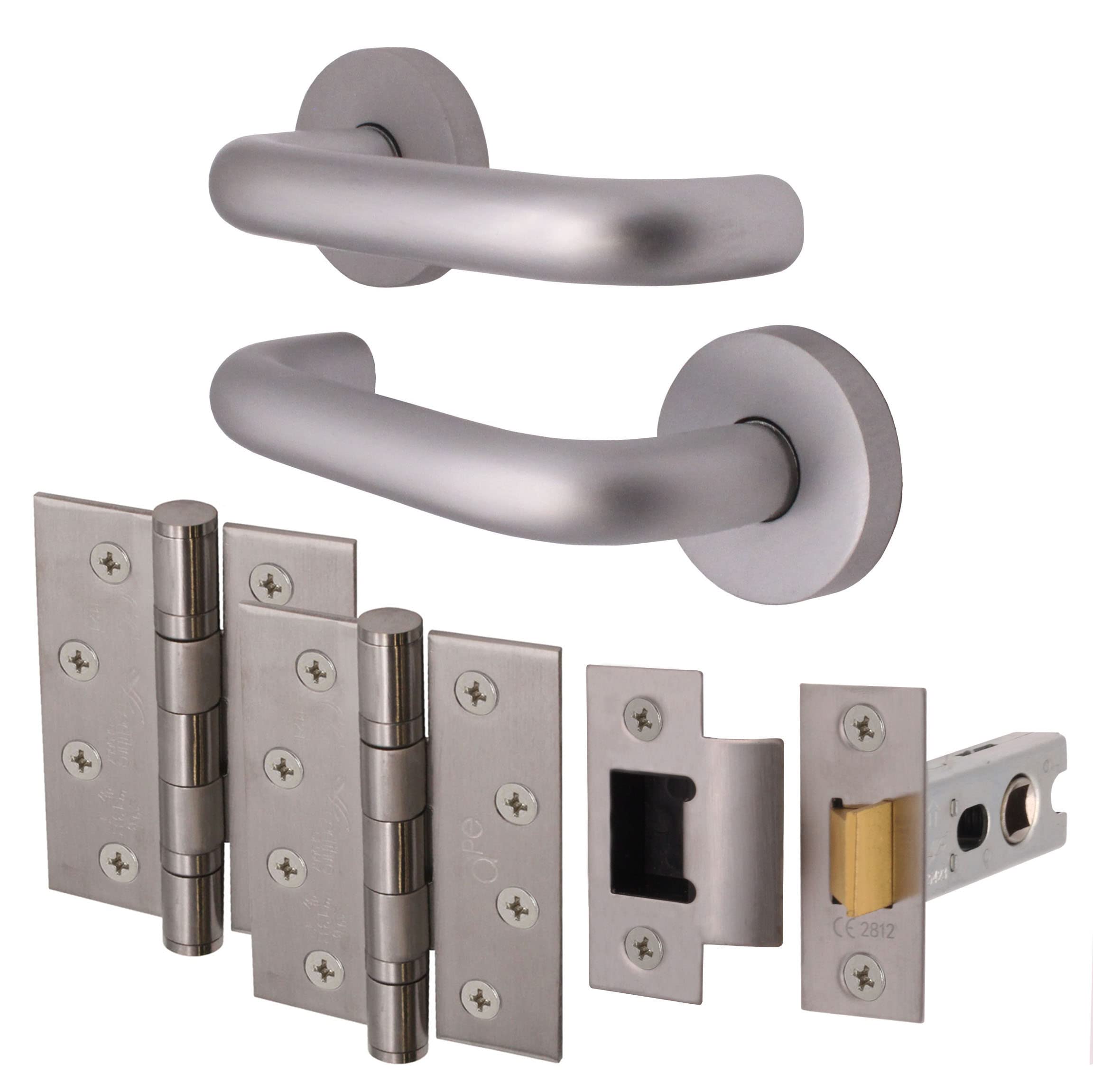 Eai Satin Return To Door Lever On Rose Handle, Hinges & Latch Kit | Aluminium | 4 Inch Hinges & 66Mm Latch