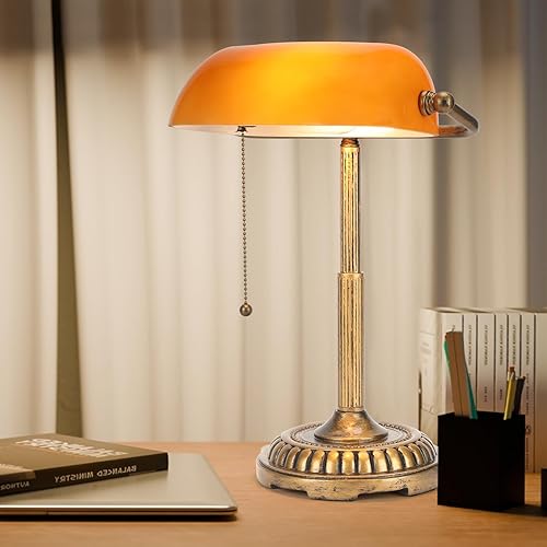 Miniatura 7 de NISSAFORS Bankers Lamp, Amber Desk Lamp with Pull Switch, Vintage Table Lamps for Home Office, Library, Piano (Amber) (USADO)