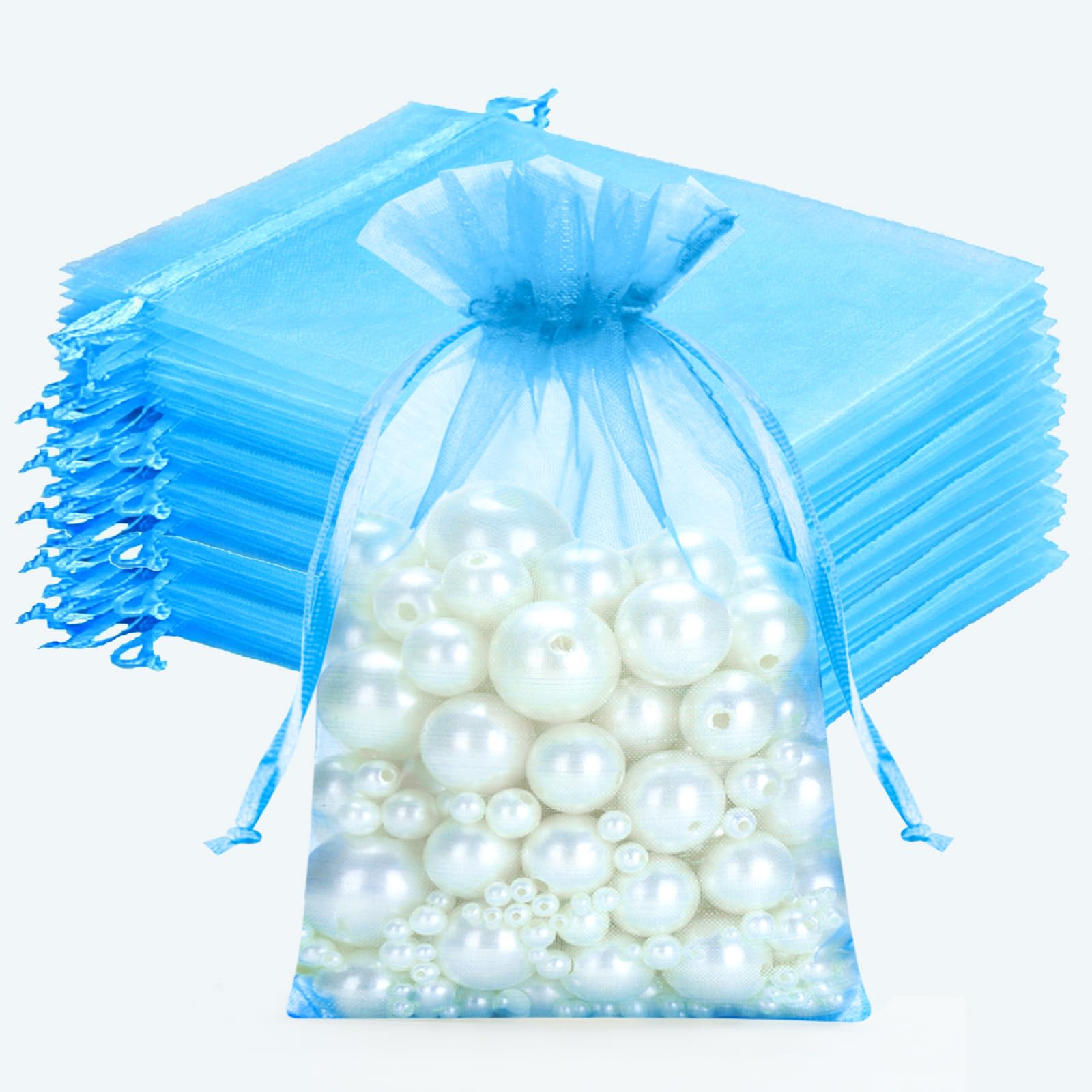 joycraft 50Pcs Lake Blue Organza Bags - 4x6 In Jewelry Drawstring Mesh Pouch, Sheer Party Favor Bags for DIY Craft, Gift Wrapping, Jewelry Packaging, Wedding Favor